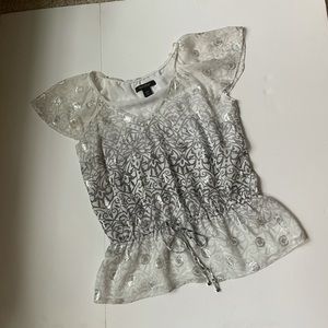 WHBM Silk shirt, sheer with a lining. Silver Foil & white design.  Beautiful!